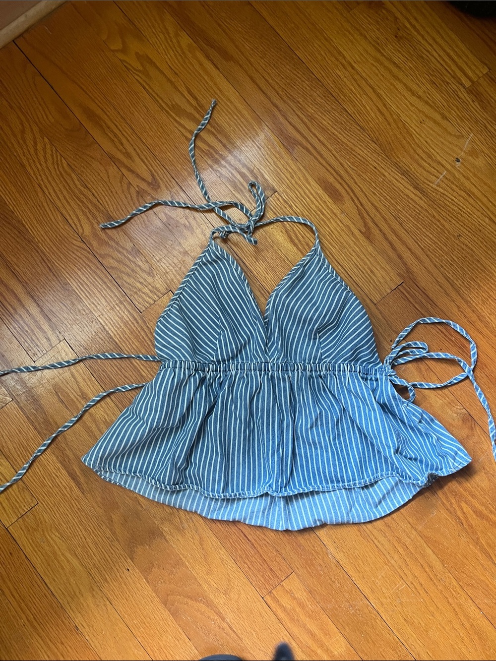 Blue and White Striped Halter Peplum Camisole